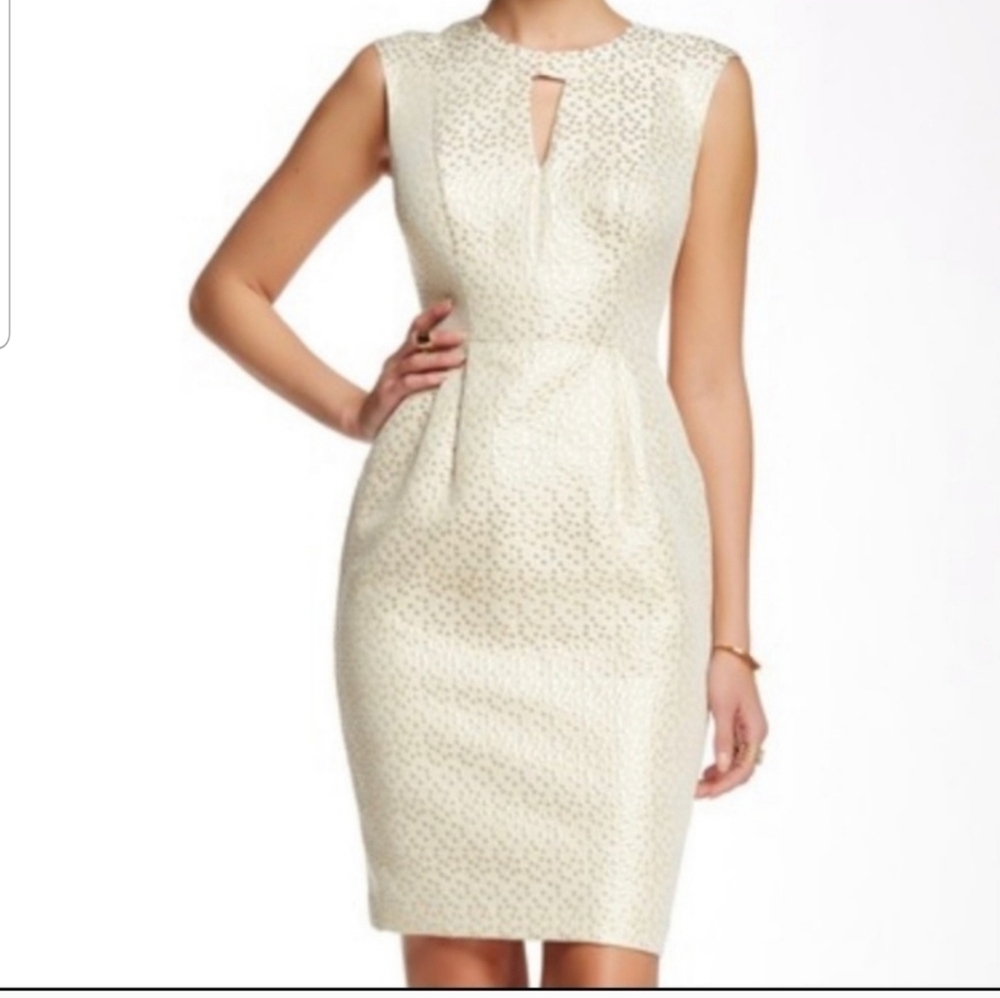 Shoshanna Gold/Champagne Dot Print Pleated Sheath Dress Size 4 Party Bridal